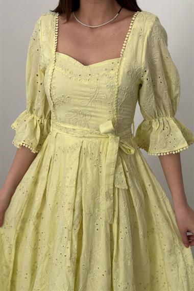 Toptan Sarı Kolu Lastikli Brode Elbise