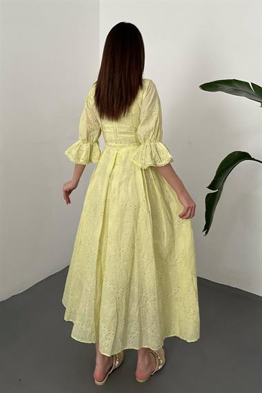 Toptan Sarı Kolu Lastikli Brode Elbise