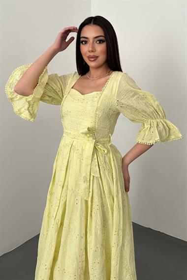 Toptan Sarı Kolu Lastikli Brode Elbise