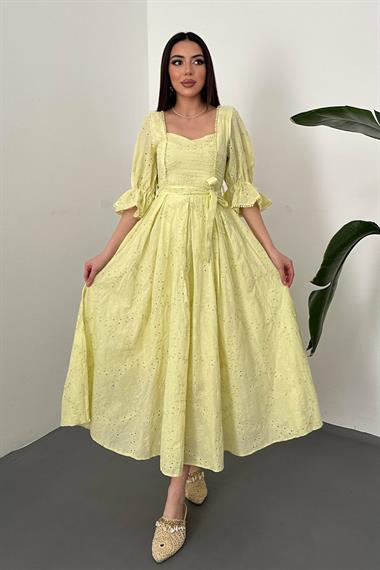 Toptan Sarı Kolu Lastikli Brode Elbise