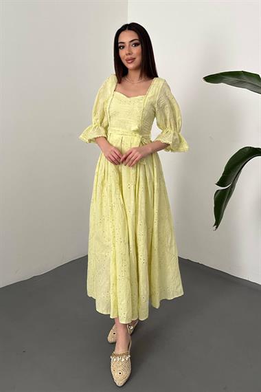 Toptan Sarı Kolu Lastikli Brode Elbise