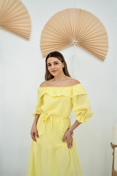 Toptan Sarı Madonna Yaka Elbise