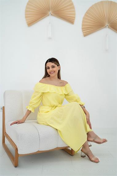 Toptan Sarı Madonna Yaka Elbise