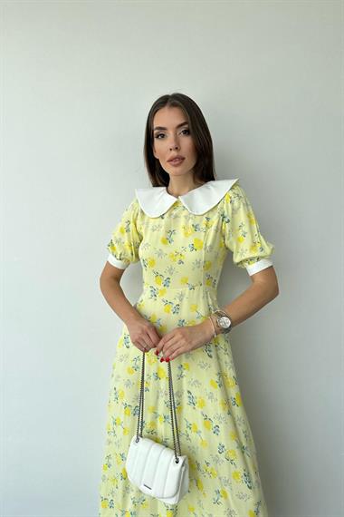 Toptan Sarı Önlük Yaka Çiçek Desen Elbise