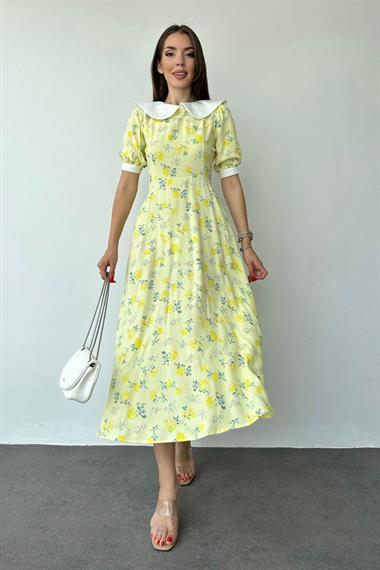 Toptan Sarı Önlük Yaka Çiçek Desen Elbise
