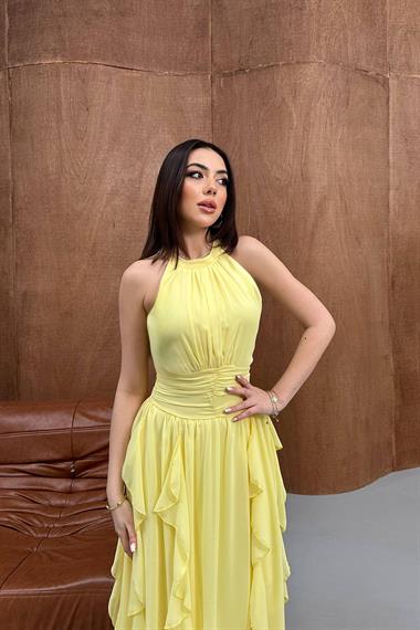 Toptan Sarı Önü Büzgülü Fırfırlı Elbise