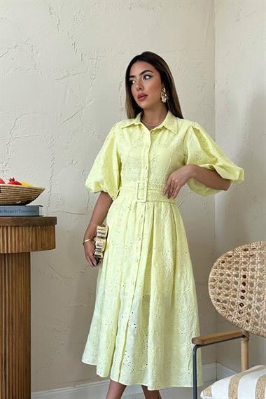 Toptan Sarı Pileli Balon Kol Elbise