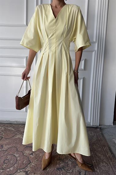Toptan Sarı Pileli Uzun Elbise
