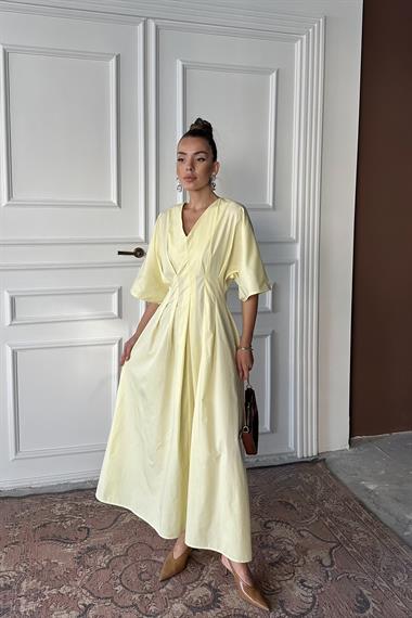 Toptan Sarı Pileli Uzun Elbise