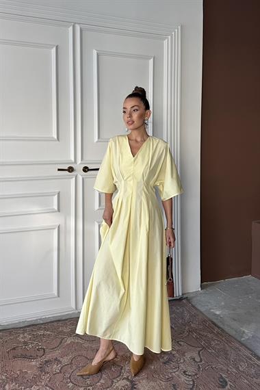 Toptan Sarı Pileli Uzun Elbise