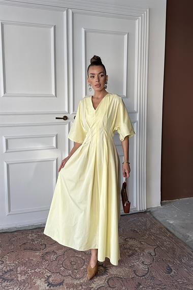 Toptan Sarı Pileli Uzun Elbise