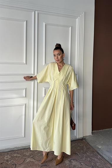 Toptan Sarı Pileli Uzun Elbise