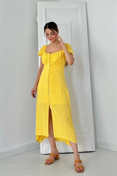 Toptan Sarı Prenses Yaka Elbise