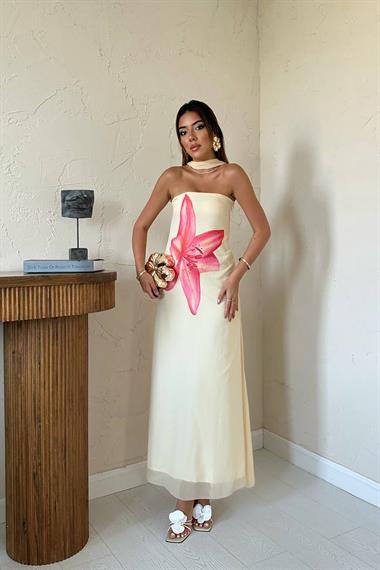 Toptan Sarı Şifon Çiçek Baskılı Elbise