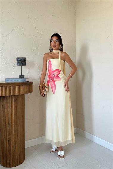 Toptan Sarı Şifon Çiçek Baskılı Elbise