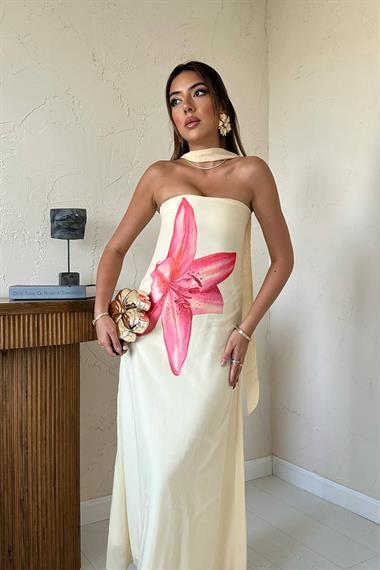 Toptan Sarı Şifon Çiçek Baskılı Elbise