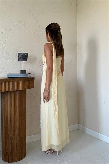 Toptan Sarı Şifon Çiçek Baskılı Elbise