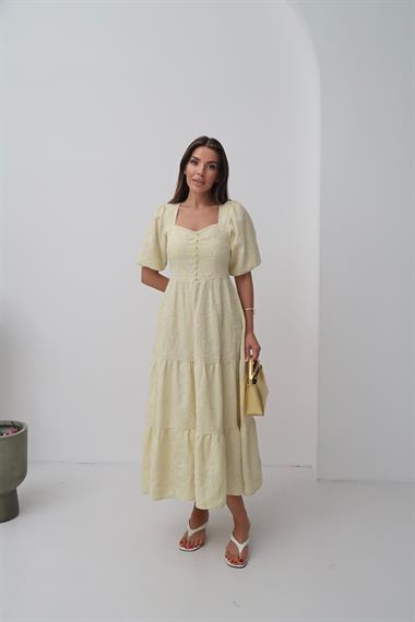 Toptan Sarı Süs Düğmeli Balon Kollu Elbise