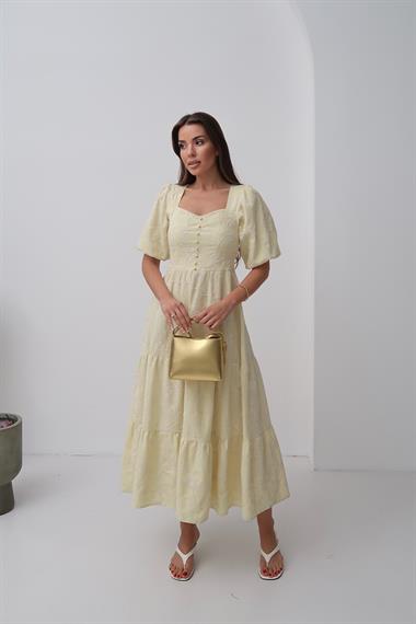 Toptan Sarı Süs Düğmeli Balon Kollu Elbise