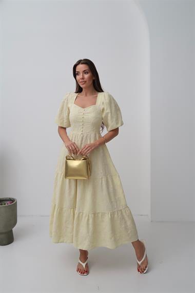 Toptan Sarı Süs Düğmeli Balon Kollu Elbise