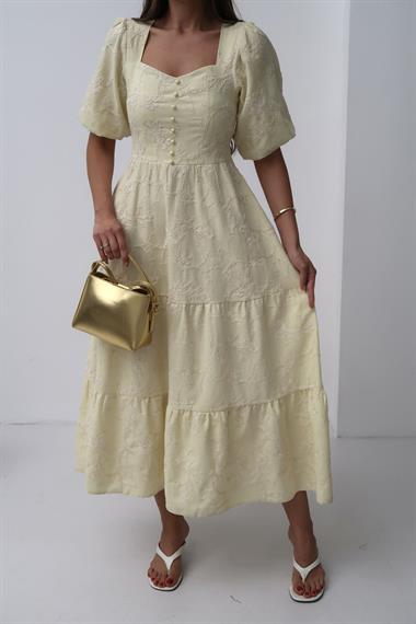 Toptan Sarı Süs Düğmeli Balon Kollu Elbise