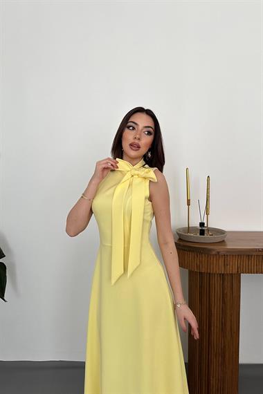 Toptan SARI Yaka Fiyonklu Uzun Elbise