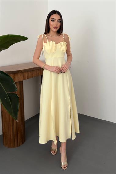 Toptan Sarı Yırtmaçlı Göğüs Kuplu Atlas Elbise
