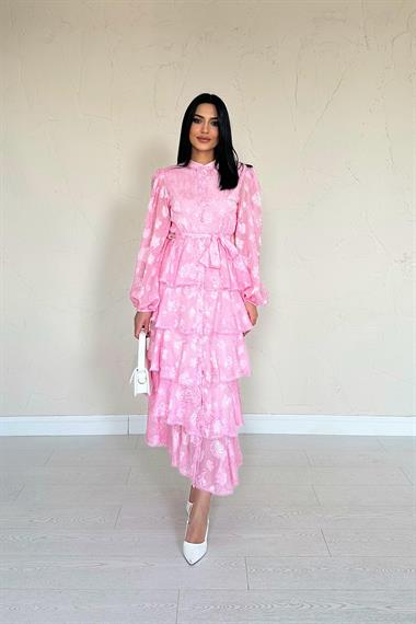 Toptan Şeker Pembesi Valonlu Şeritli Kat Kat Elbise