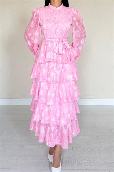 Toptan Şeker Pembesi Valonlu Şeritli Kat Kat Elbise