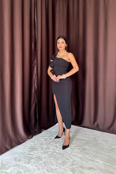 Toptan Siyah 3 Güllü Yırtmaçlı Elbise