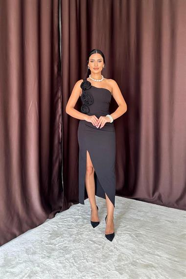 Toptan Siyah 3 Güllü Yırtmaçlı Elbise