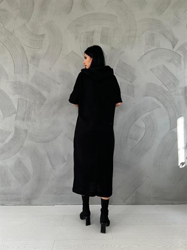 Toptan Siyah Akrilik Kapüşonlu Elbise