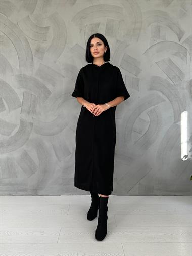 Toptan Siyah Akrilik Kapüşonlu Elbise