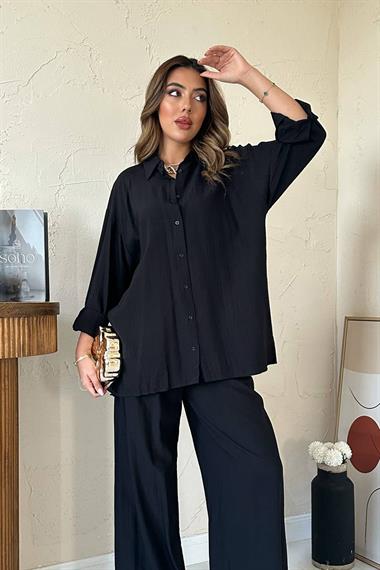 Toptan Siyah Alice Gömlek ve Bol Kesim Pantolon Takım