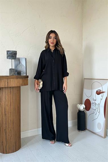 Toptan Siyah Alice Gömlek ve Bol Kesim Pantolon Takım