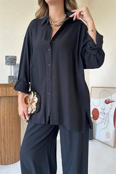 Toptan Siyah Alice Gömlek ve Bol Kesim Pantolon Takım