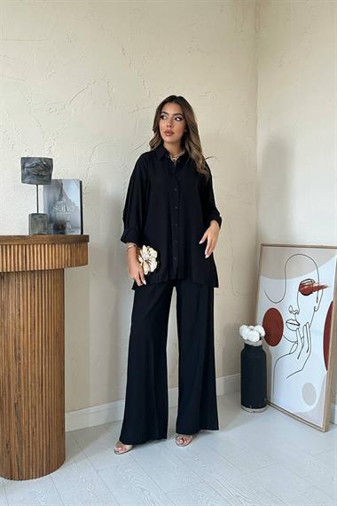Toptan Siyah Alice Gömlek ve Bol Kesim Pantolon Takım