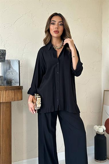 Toptan Siyah Alice Gömlek ve Bol Kesim Pantolon Takım