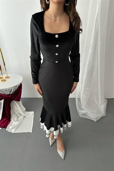 Toptan Siyah Alt Eteği Volanlı Kadife Elbise