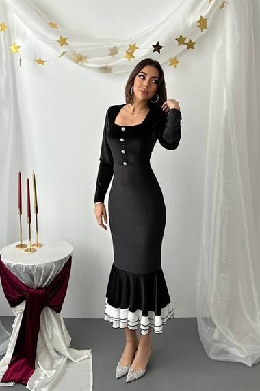 Toptan Siyah Alt Eteği Volanlı Kadife Elbise