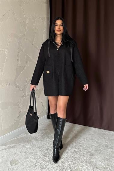 Toptan Siyah Armalı Kapşonlu Peluş Ceket