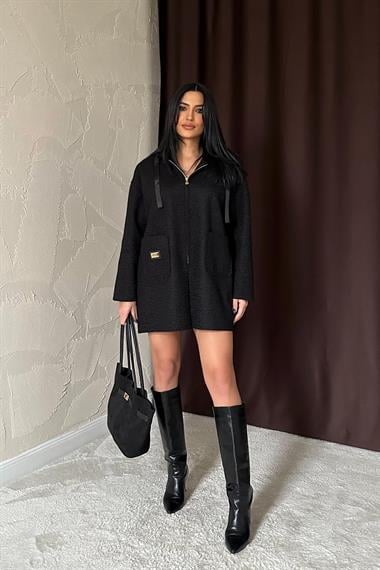 Toptan Siyah Armalı Kapşonlu Peluş Ceket