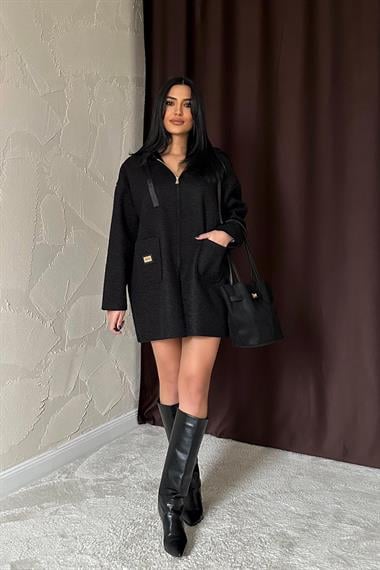 Toptan Siyah Armalı Kapşonlu Peluş Ceket