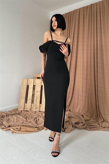 Toptan Siyah Askı Detaylı Elbise