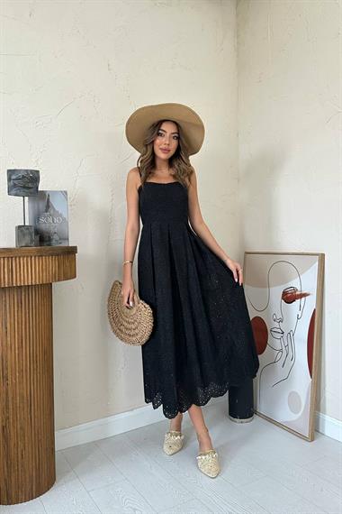 Toptan Siyah Askılı Aparatlı Brode Elbise