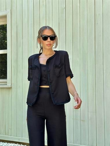 Toptan Siyah Askılı Büstiyer Ceket ve Pantolon Takım