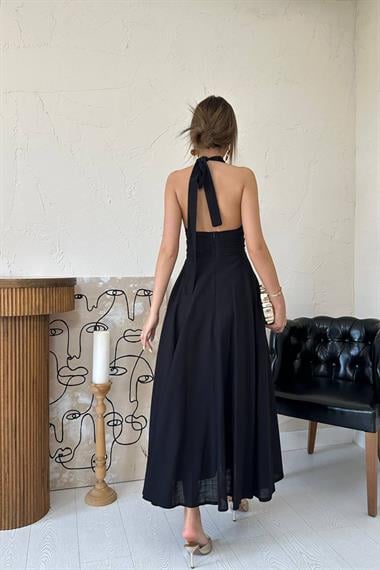 Toptan Siyah Askılı Keten Elbise