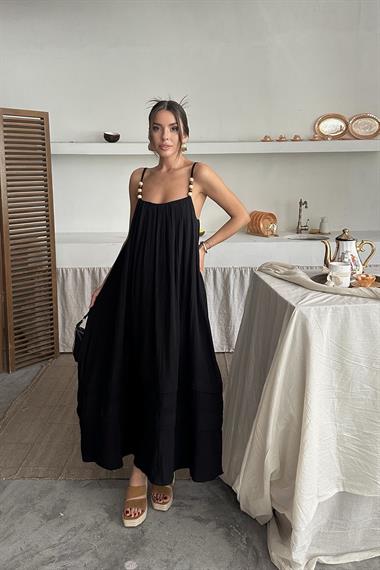 Toptan Siyah Askılı Müslin Elbise