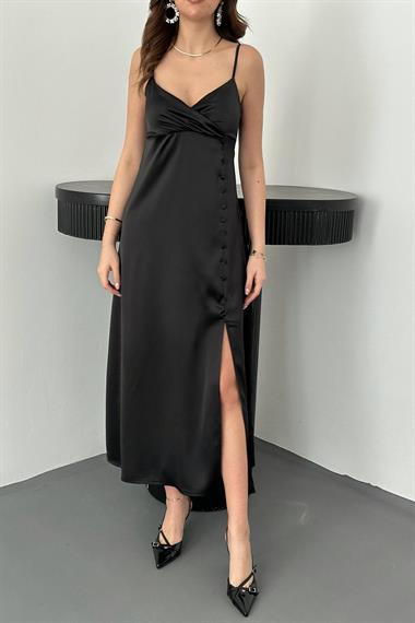 Toptan Siyah Askılı Saten Elbise