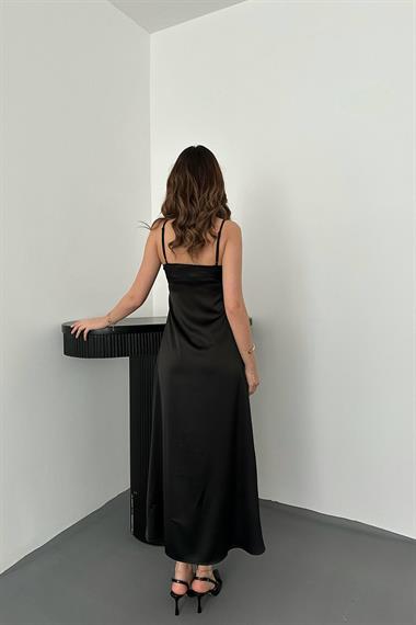 Toptan Siyah Askılı Saten Elbise